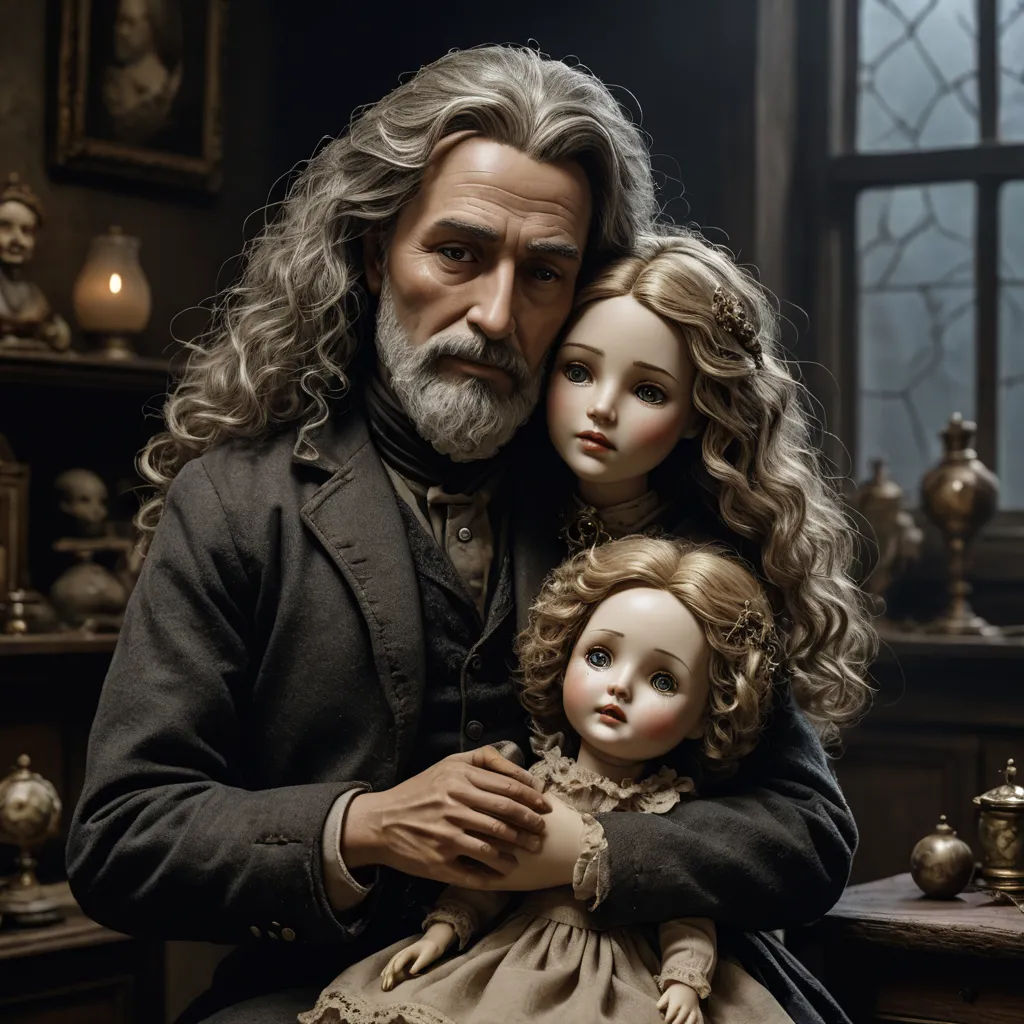 a man and a woman are holding a doll in a room with many other dolls on the shelves and a window, gothic art, a character portrait, Dirk Crabeth, promotional image