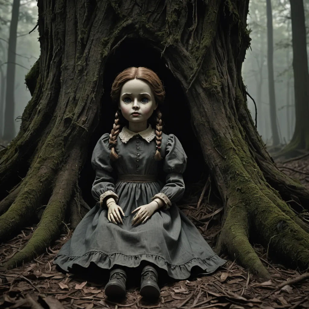 a doll sitting in a tree in a forest with a creepy look on her face and hands, with a creepy look on her face, gothic art, poster art, Annie Leibovitz, promotional image
