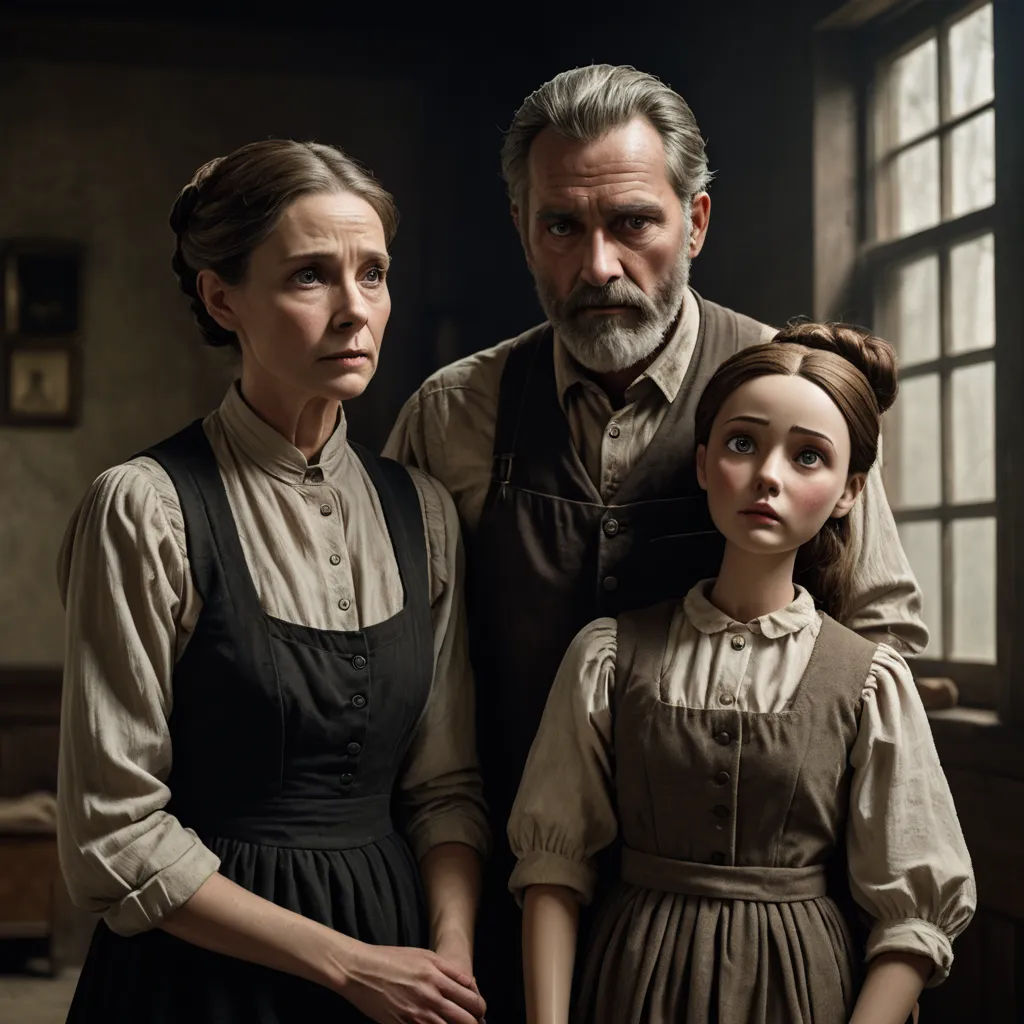 a man and two women standing next to each other in a room with a window and a doll on the floor, international gothic, a character portrait, Anne Said, promotional image
