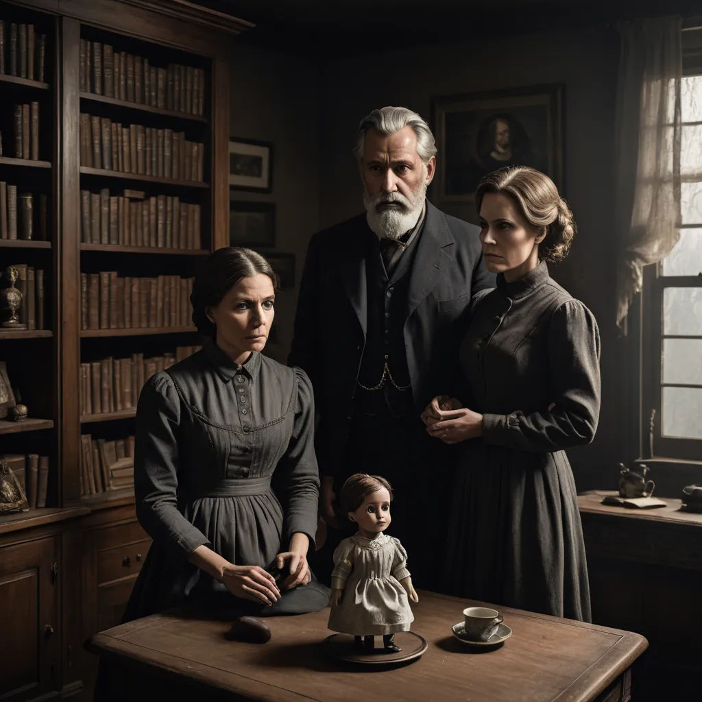 a family standing in a room with a doll on a table and a bookcase behind them, all dressed in old fashioned clothing, international gothic, a poster, Brigid Derham, promotional image