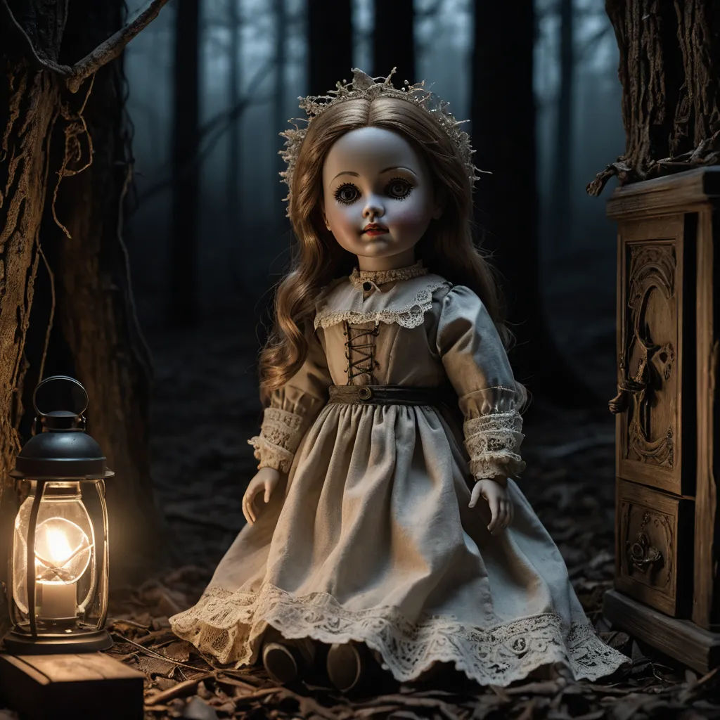 a doll is standing in the woods next to a lantern and a lantern light in the dark, with a creepy looking face, gothic art, a storybook illustration, Dirk Crabeth, dark art