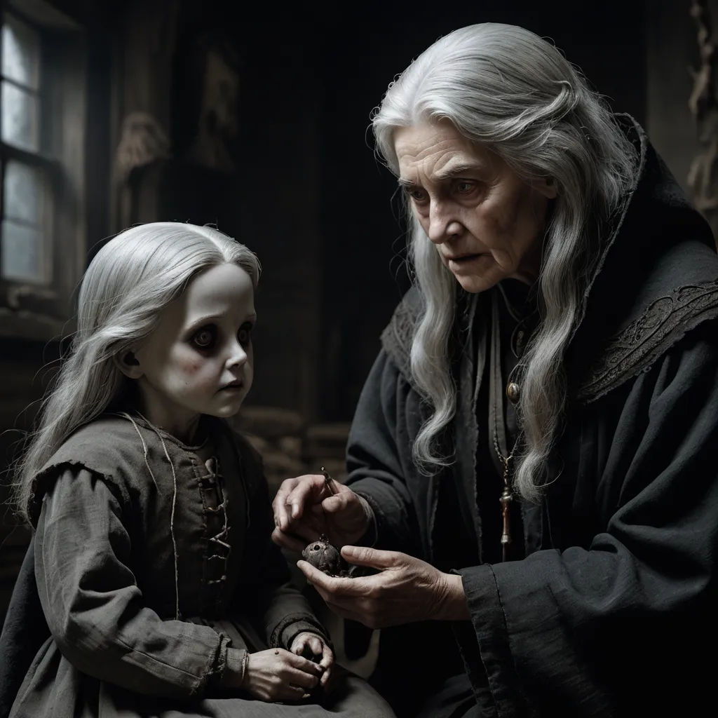 a woman and a child dressed as the witch and the white haired girl are sitting down and looking at each other, gothic art, a detailed matte painting, Dirk Crabeth, promotional image