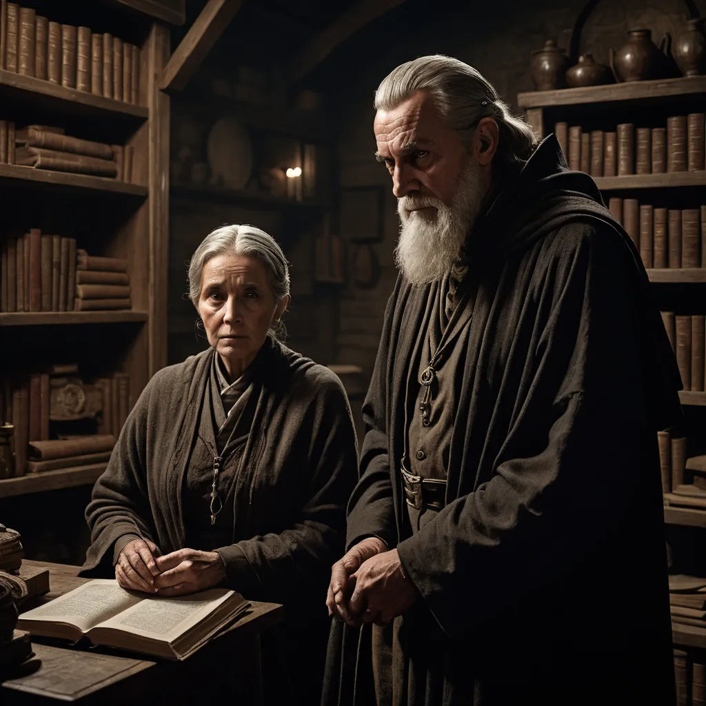 a man and a woman standing in a library with books on the shelves and a book on the table, antipodeans, a detailed matte painting, Ada Gladys Killins, promotional image