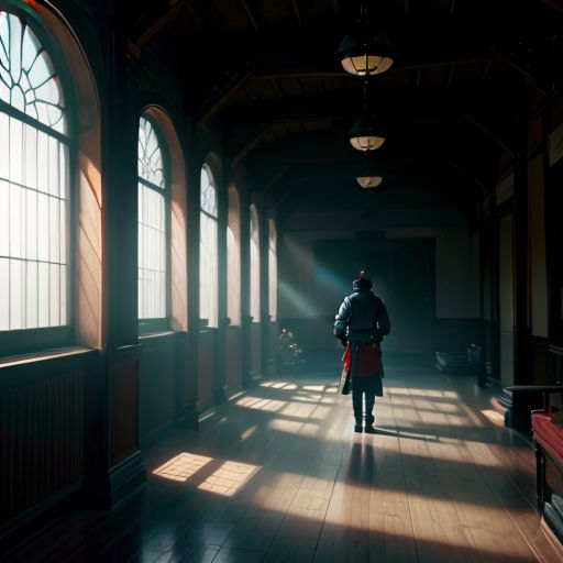 a person standing in a large room with windows and a bench in the middle of the room, with a person standing in the middle of the room