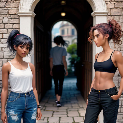 two women standing in front of a brick building with a man walking by them and a woman in a white top