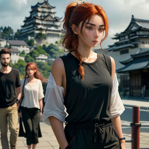 a woman with red hair standing in front of a group of people on a sidewalk in front of a building