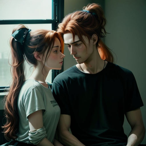 a couple of people sitting next to each other near a window with a city view behind them and a woman with red hair