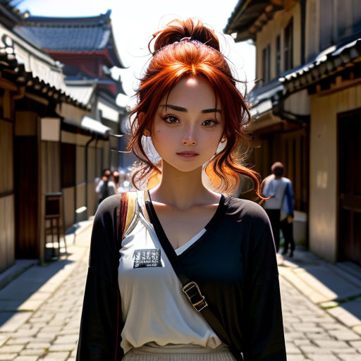 a woman with red hair standing in a street with buildings in the background and a woman with a ponytail in the foreground