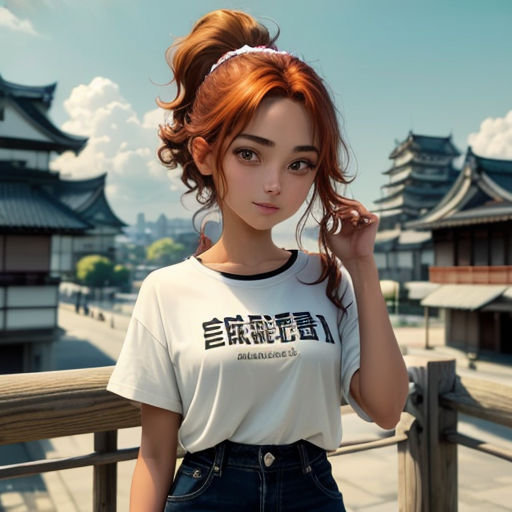 a woman with red hair standing on a bridge in front of a building with a pagoda in the background