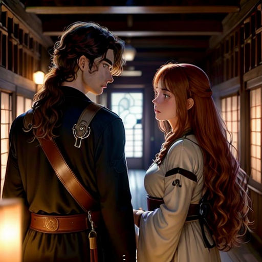 a man and a woman standing in a hallway together, looking at each other with a sword in hand