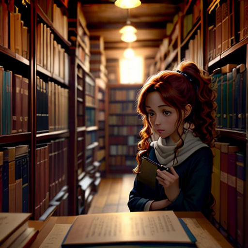 a woman is standing in a library with books on the shelves and a book case behind her is a book