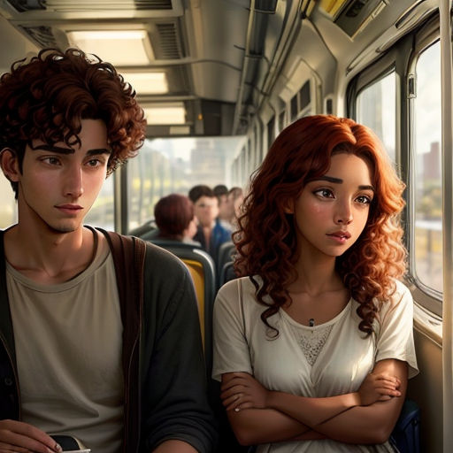 a man and a woman are sitting on a train together, looking out the window at the other people