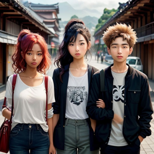 three people standing next to each other on a street with buildings in the background and a mountain in the distance