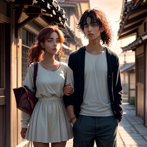 a couple of people standing next to each other on a sidewalk in front of a building with a clock