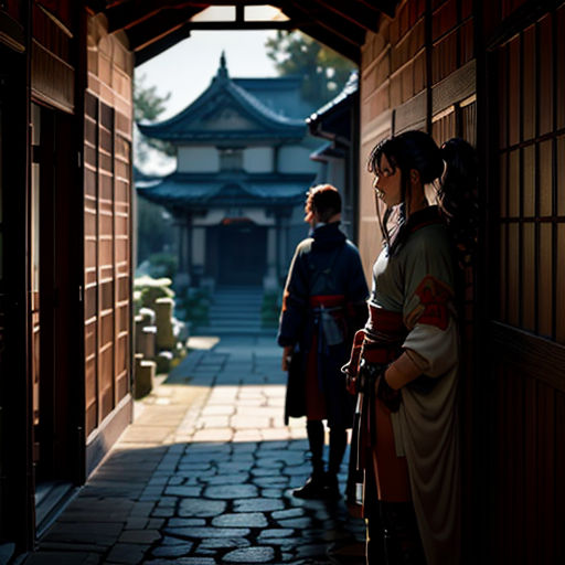 a woman in a kimono standing in a doorway with a man in a kimono looking on from behind
