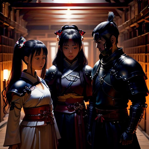 a group of people standing next to each other in a hallway with a light on above them and a hallway with a light on