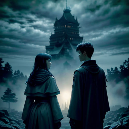 a couple standing in front of a castle at night with the moon in the sky above them and a castle in the background