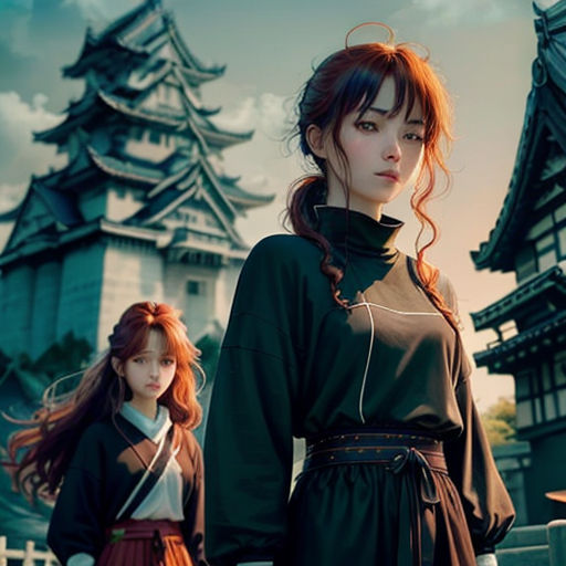 two anime characters standing in front of a castle with a sky background and clouds in the background, one of them is wearing a black dress