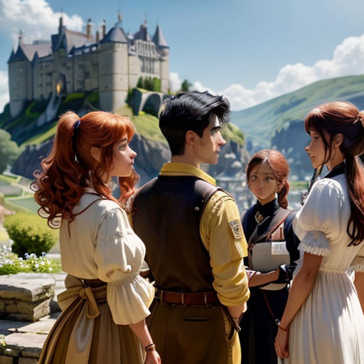 a group of people standing around each other in front of a castle with a castle in the background and a sky
