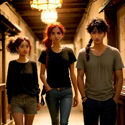 three people walking down a hallway in a building with a light on above them and a lamp above them