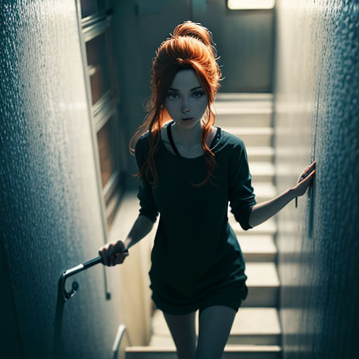 a woman with red hair is walking down a flight of stairs with an umbrella in her hand and a creepy look on her face