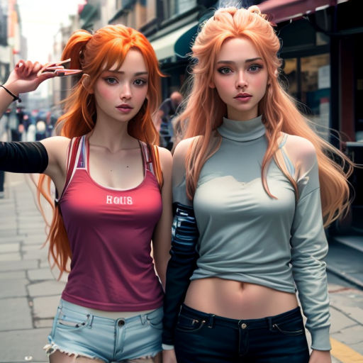 two young women standing next to each other on a street corner, one with red hair and the other with blue eyes