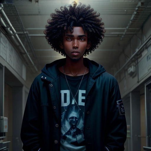 a man with a black jacket and a black shirt standing in a hallway with a light on his head