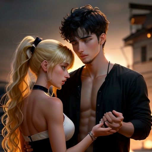 a man and a woman standing next to each other in front of a building with a sunset behind them