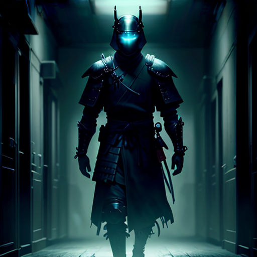 a man in a dark hallway with a glowing mask on his face and a sword in his hand, with a glowing light shining on his face
