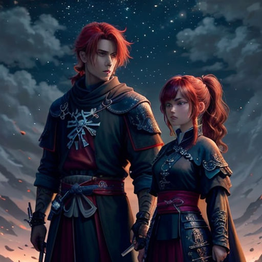 a couple of people standing next to each other in front of a sky with stars and clouds on it