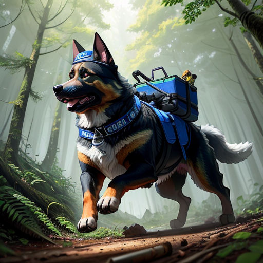 a dog with a backpack running through a forest with a hiker on his back and a backpack on his back