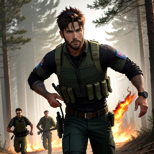 a man in a military uniform is running with a gun in his hand and another man in a camouflage jacket is running behind him
