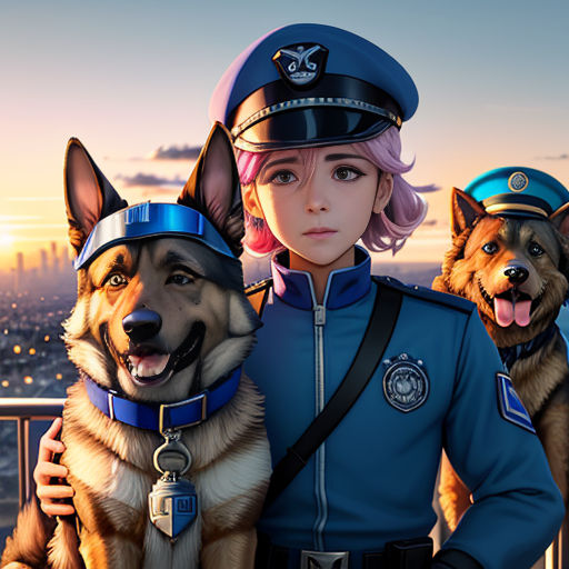 a woman in a uniform with two dogs on her lap and a city in the background with buildings and a sunset