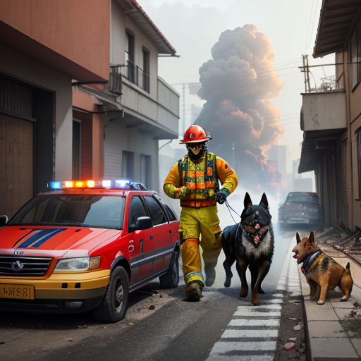 a fireman walking his dogs down a street with a fire in the background and a fire truck in the foreground