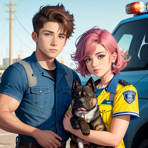 a man and a woman standing next to a police car holding a dog and a police officer holding a puppy