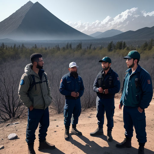 a group of men standing on top of a dirt field next to a mountain range with trees and bushes