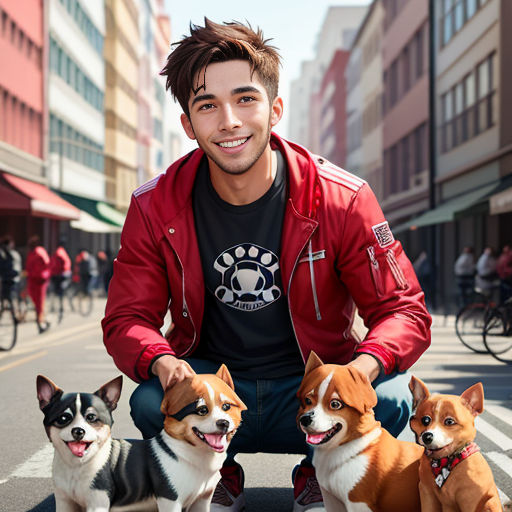 a man kneeling down with three dogs on the street in front of him and smiling at the camera man is wearing a red jacket