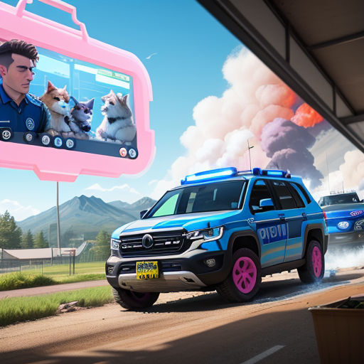 a police car driving down a road next to a pink camera with a man and dogs on it and a pink camera