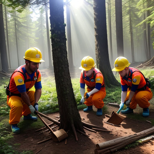 three men in orange and blue work in the woods with tools and equipment on the ground, with a sunbeam in the background