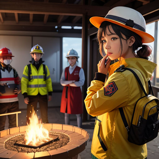 a woman in a yellow jacket and a fire pit with a group of people in the background wearing hard hats