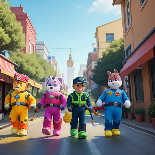 a group of people in cartoon costumes walking down a street with a dog and cat on their backs and a man in a police uniform