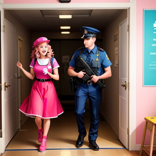a man and a woman dressed in costumes walking into a hallway together, with a police officer in the background