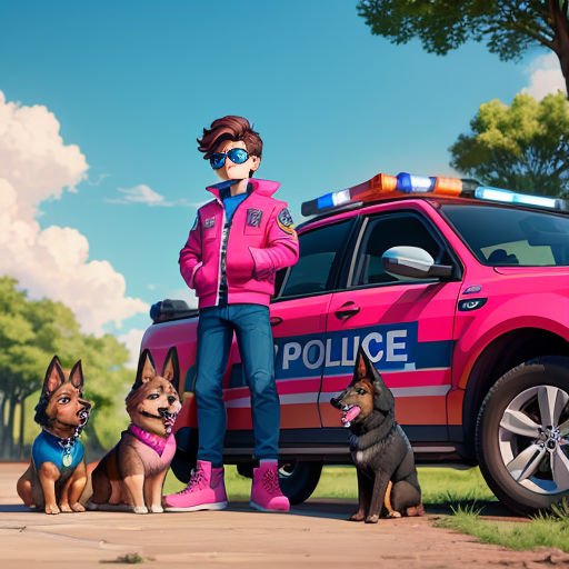 a woman in a pink jacket standing next to three dogs in front of a police car with a police officer on the side