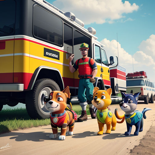 a man standing next to a group of dogs on a road next to a fire truck and a fire hydrant