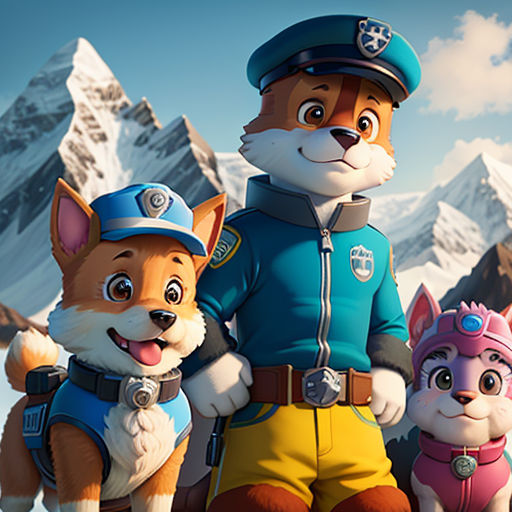 a cartoon of a man and two dogs standing in front of a mountain range with snow capped mountains in the background