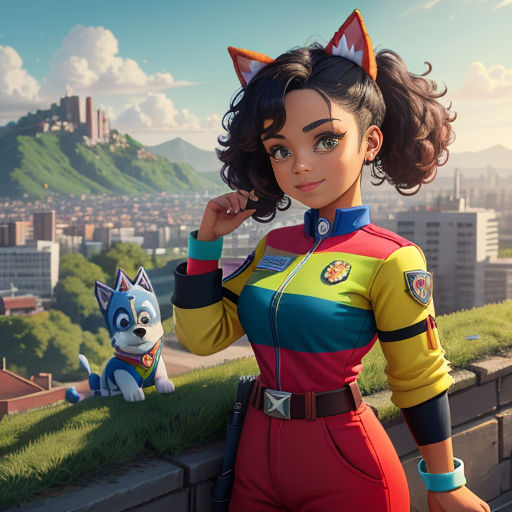 a woman in a cat suit standing next to a dog on a hill with a city in the background