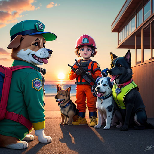 a group of dogs and a man in a fireman's uniform standing next to each other on a beach