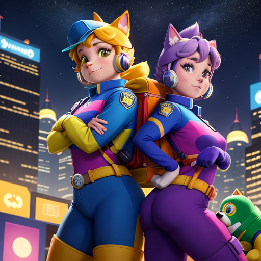 two cartoon characters are standing in front of a city at night with headphones on and a cat on their back