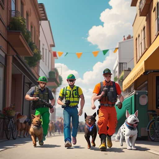 a group of people walking down a street with dogs and people in green vests and hats on a sunny day