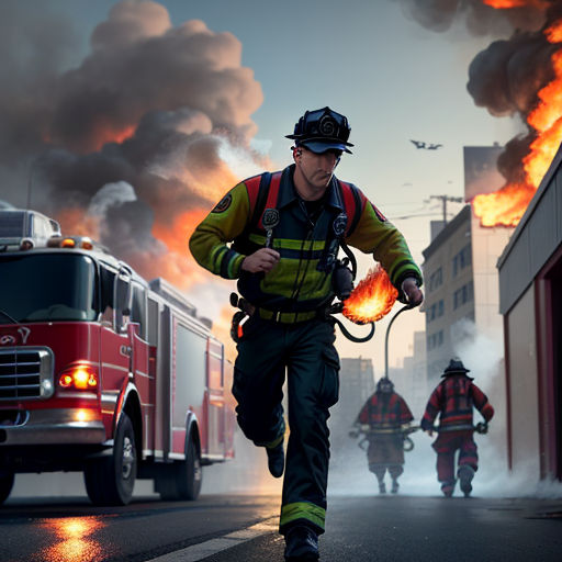 a fireman running down a street with a fire truck in the background and a fire truck in the foreground